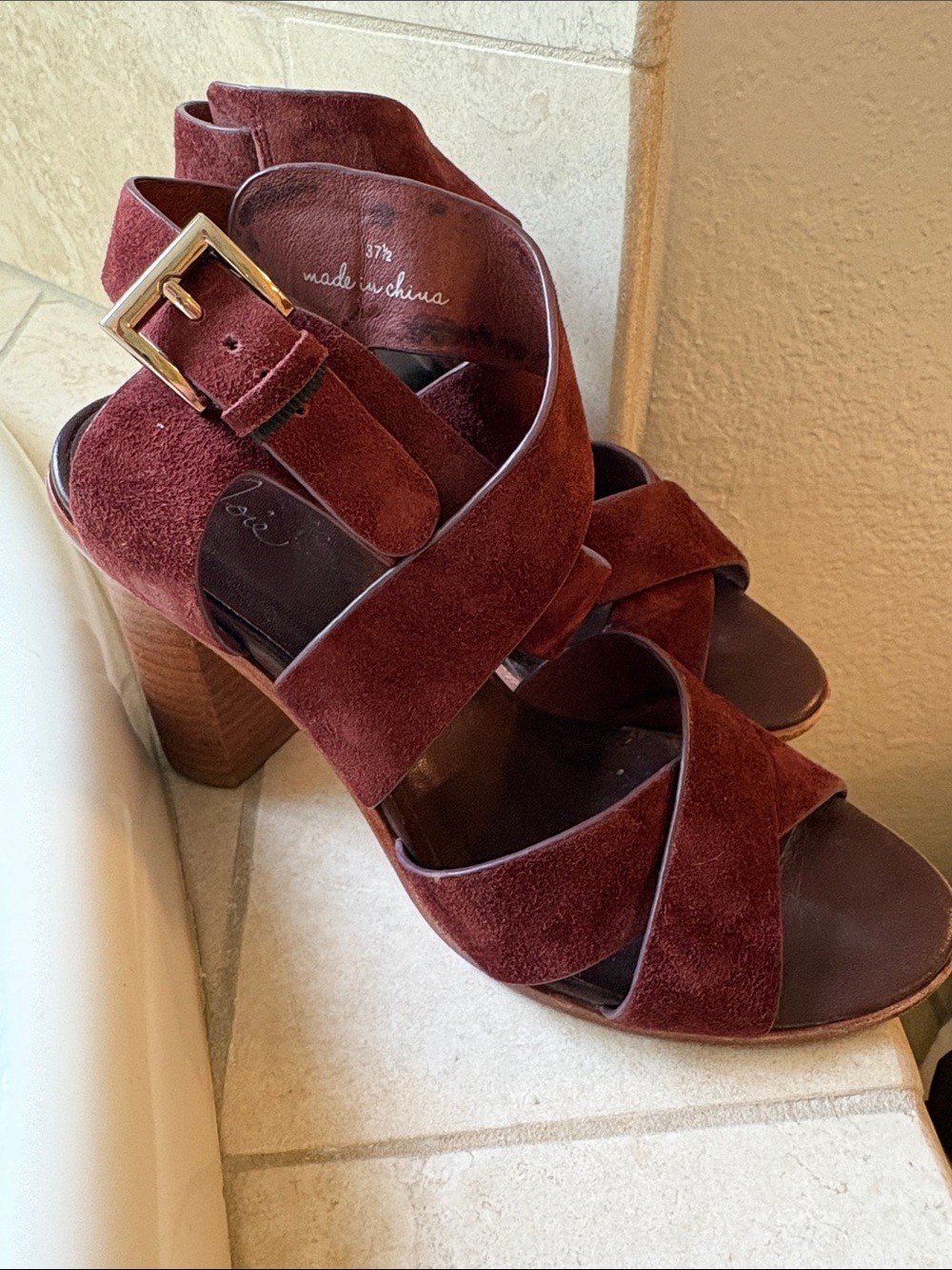 Joie Burgundy Suede Crisscross Block Heel Sandals